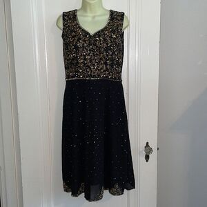 Vtg black & gold sequined, spangled & beaded dressy dress